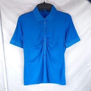 Hugo Boss Women's Blue Short Sleeve Collared Stretch Half Button Blouse